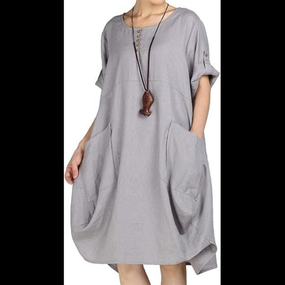 Women's Plus Size Tunic Dress Summer Cotton Linen T Shirt Knee-Length Dresses - Picture 1 of 5